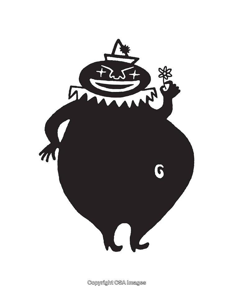 Black and White Illustration of a Whimsical Clown Holding a Small Flower
