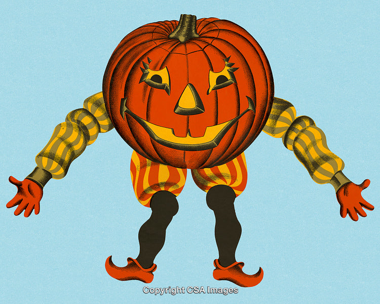 Cheerful Pumpkin-Head Character With Orange Suit on a Light Blue Background
