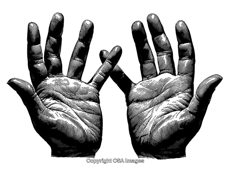 Detailed Black and White Engraving of Two Open Hands Facing Upwards