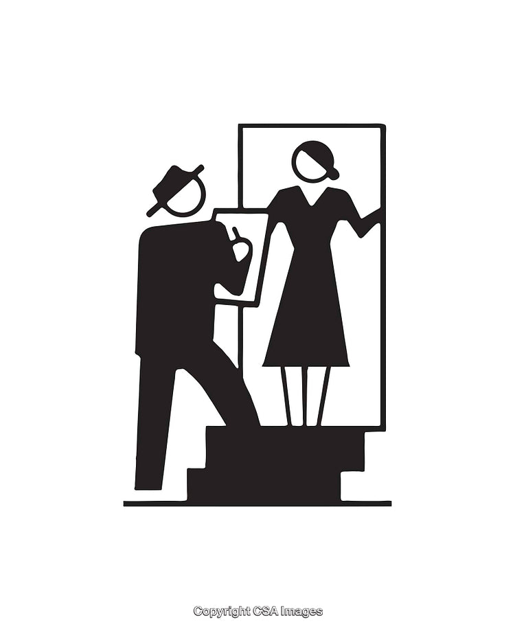 Silhouetted Figures Ascending Stairs with Geometric Layout in Black and White