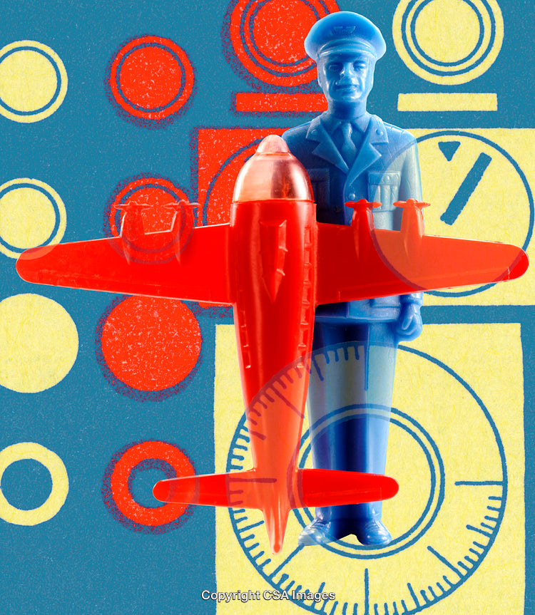 Colorful Plastic Toys Featuring A Pilot and Airplane with Geometric Background