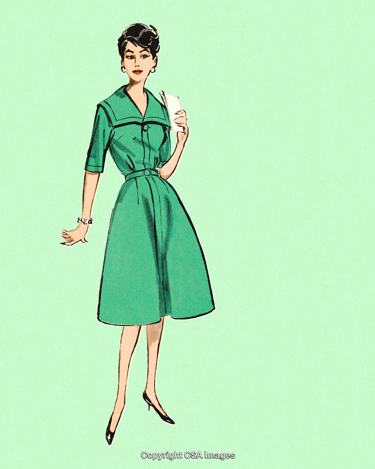 Elegant Woman in Green Dress Holding a Document on a Light Green Background