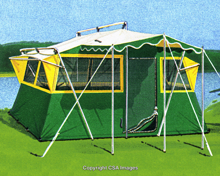 Green Camping Tent with Poles by the Lake Featuring a Unique Design
