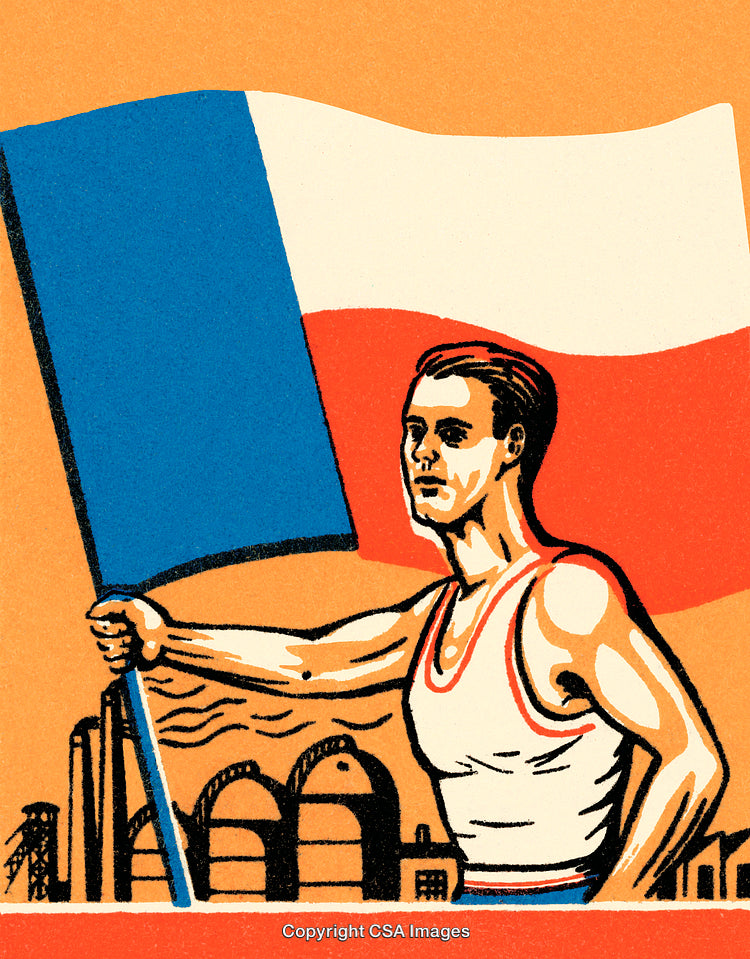 Vibrant Illustration of Athletic Man with Flag and Industrial Background