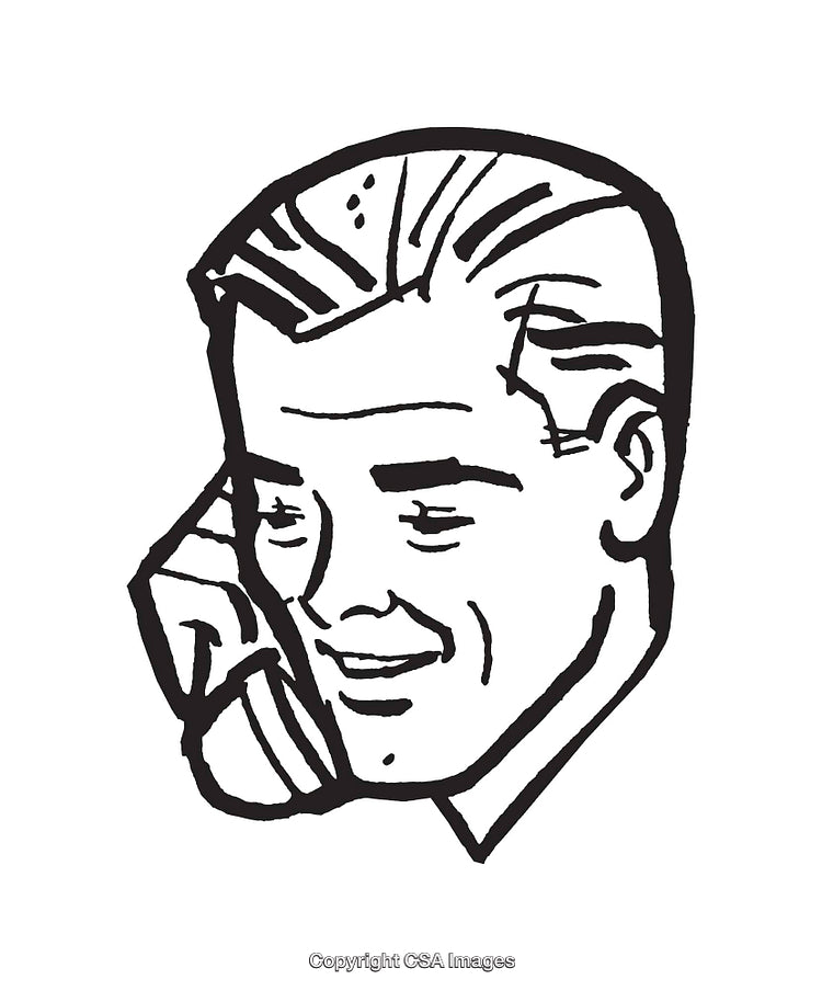 Retro Style Black and White Line Art of a Smiling Man on the Phone