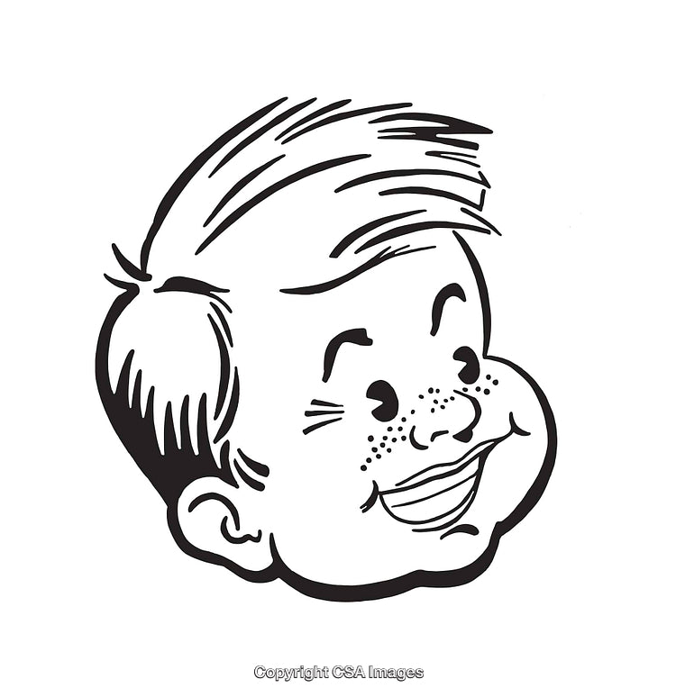 Black And White Line Art Illustration of a Smiling Young Boy