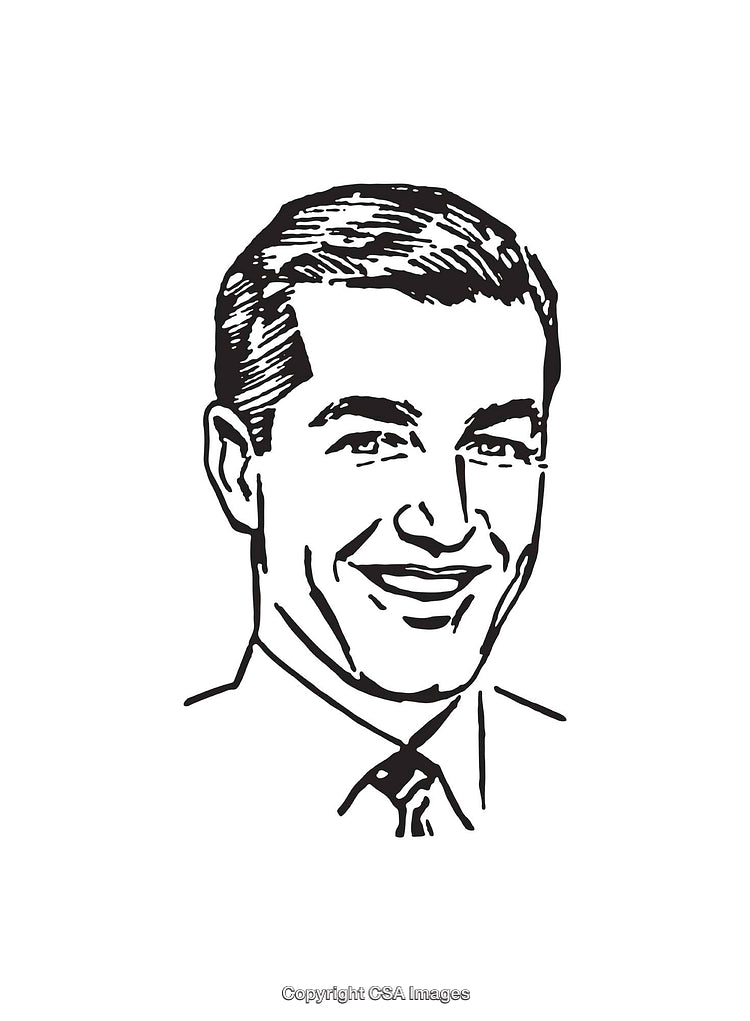 Black and White Line Art of Smiling Man in Vintage Style