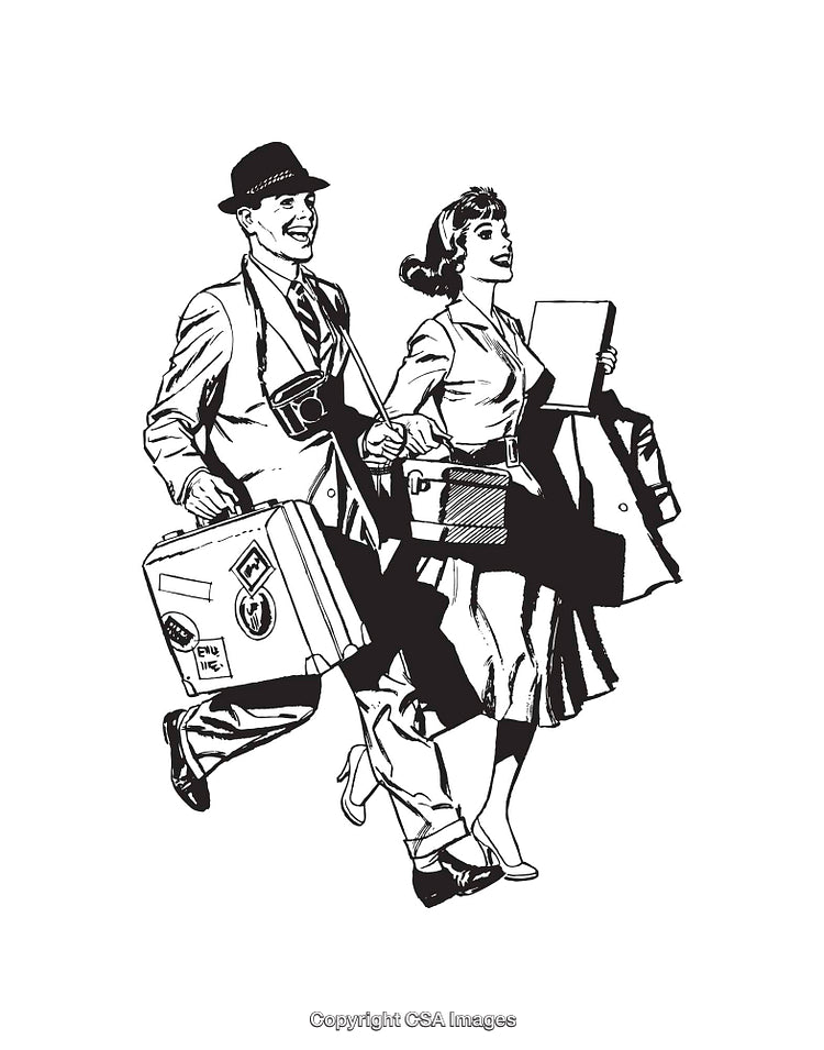Retro Line Art Illustration of a Traveling Couple in Black and White