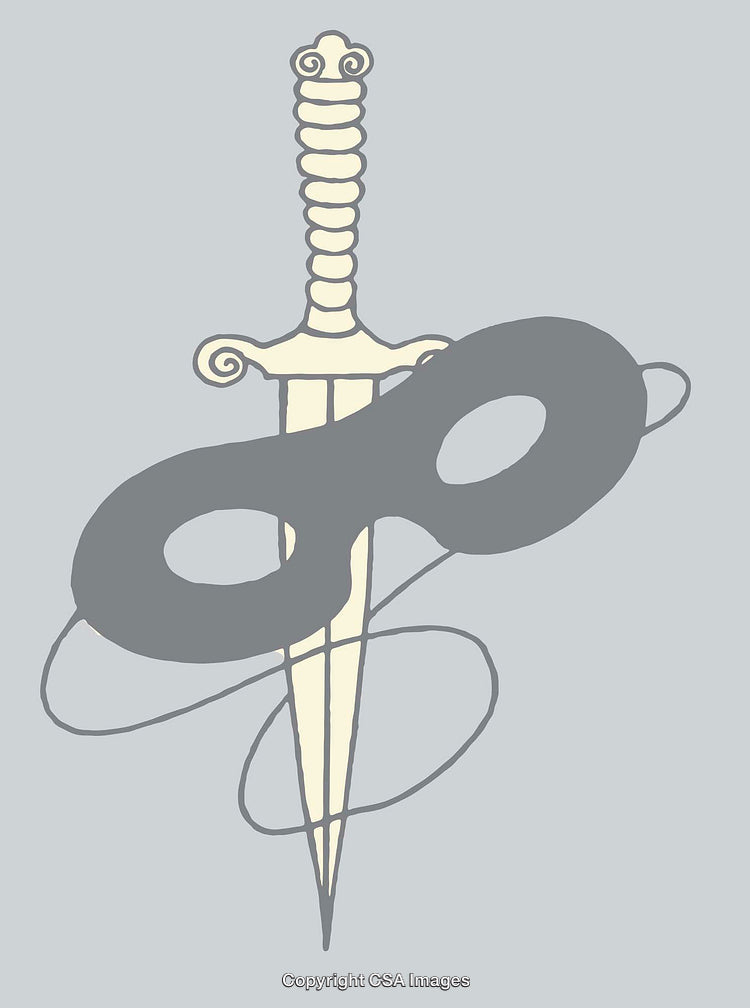 Stylized Illustration of Mask and Sword on a Monochromatic Background