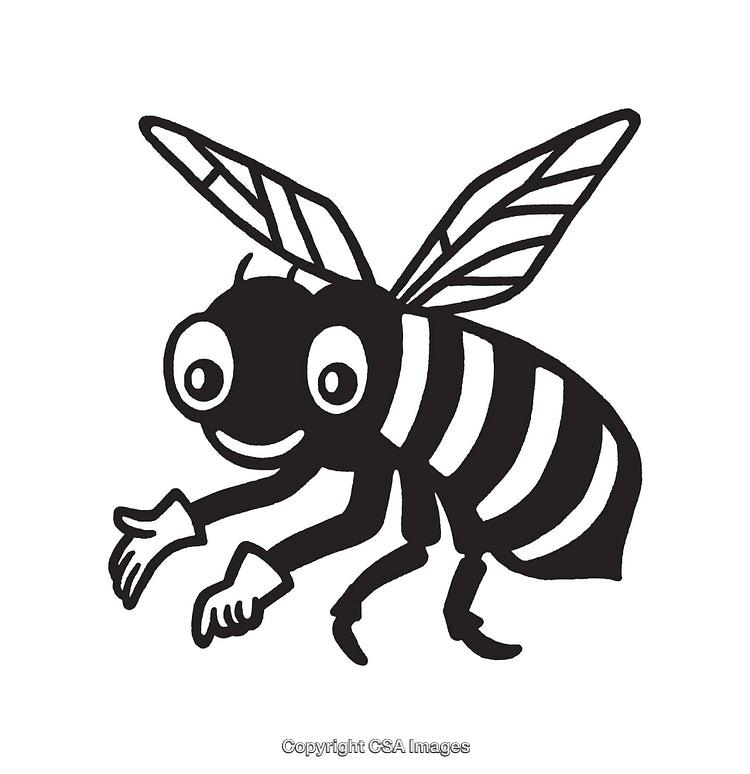 Black and White Cartoon Drawing of a Friendly Bee Character