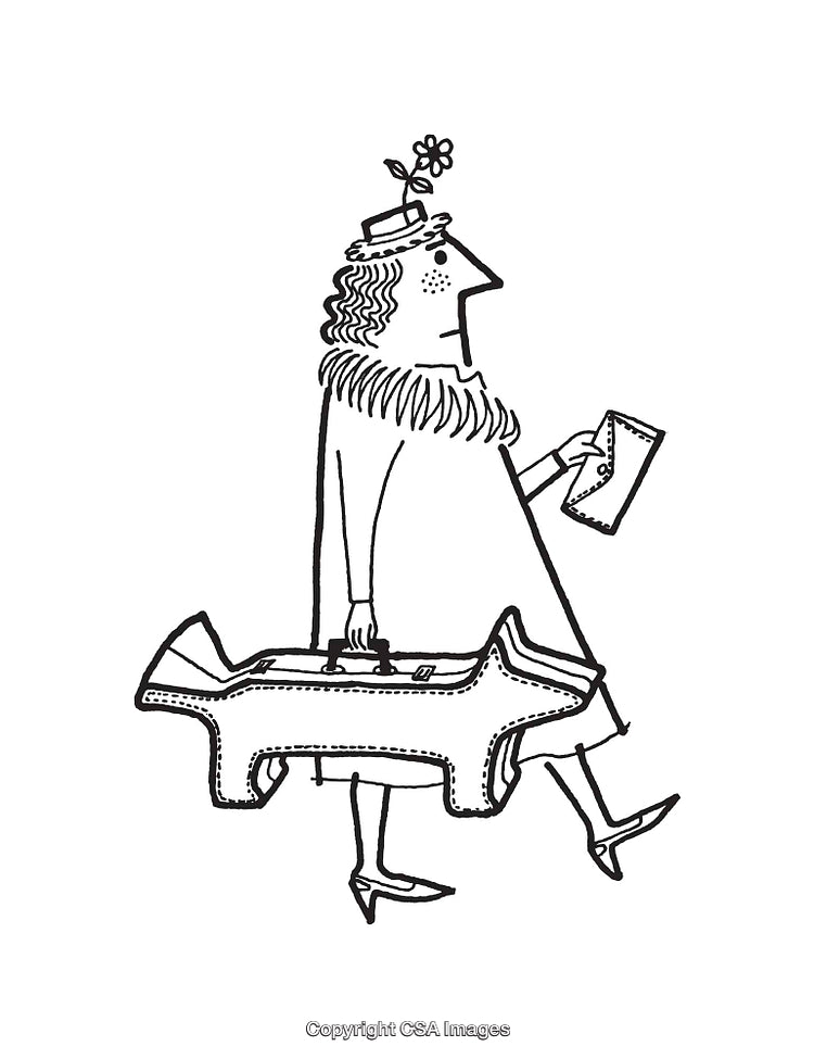 Black and White Line Art of Woman with Floral Hat and Animal Bag
