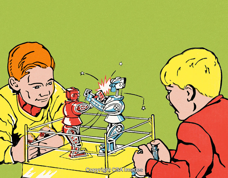 Two Boys Playing with a Classic Robot Boxing Game Toy