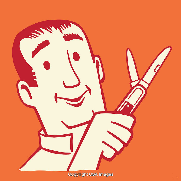 Retro Line Art Illustration of a Smiling Man Holding Scissors