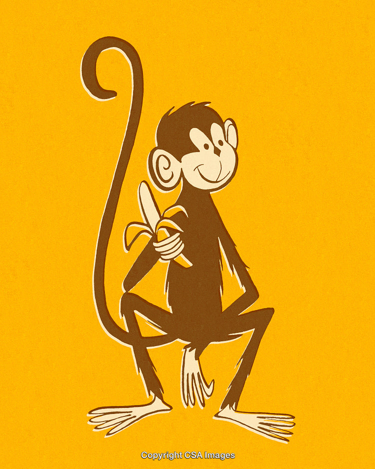 Cheerful Monkey Holding a Banana on a Vibrant Yellow Background