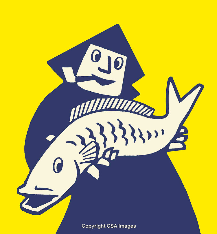 Colorful Illustration of a Character Holding a Large Fish on Yellow Background