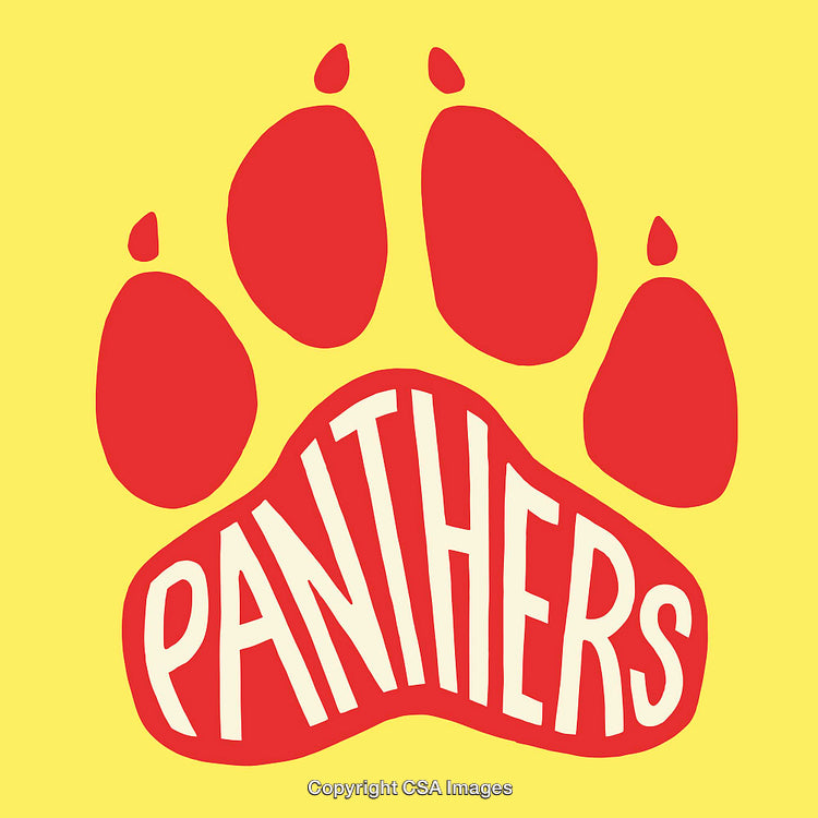 Red Panther Paw Print Design with Bold Text on Yellow Background