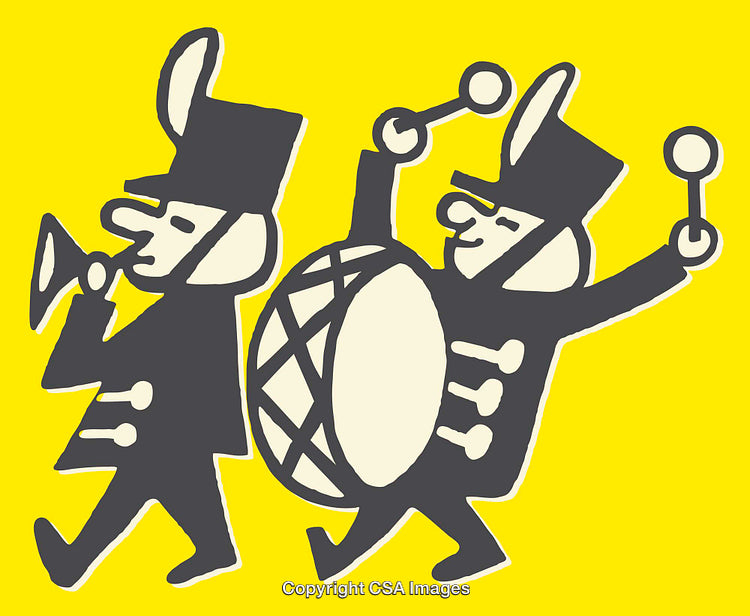 Whimsical Parade Featuring Cartoon Marching Band Characters on Yellow Background