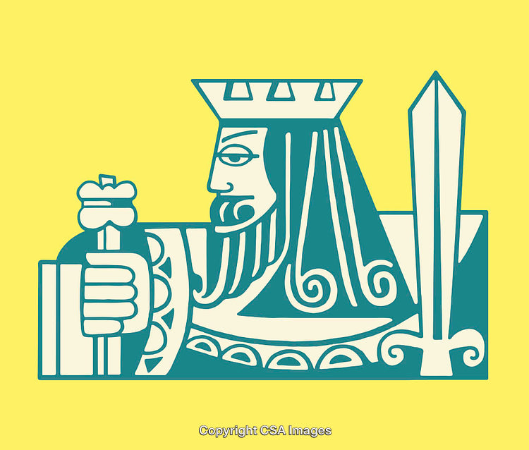 Stylized Line Art of a King with Crown and Sword on Yellow Background