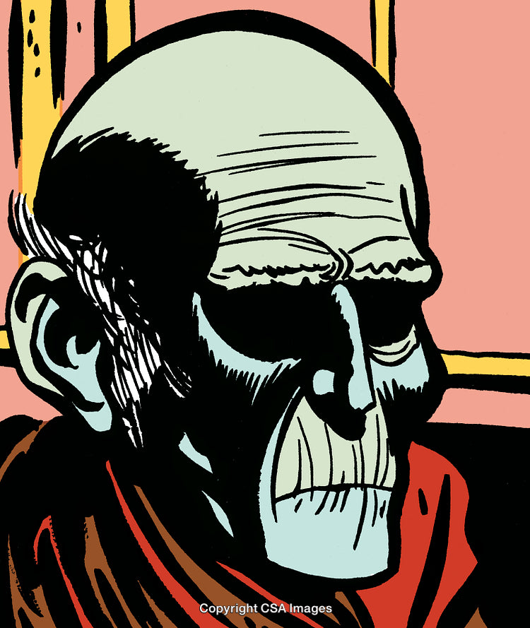 Surreal Comic Art of a Stern Elderly Man Against a Warm Background