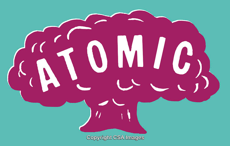 Atomic Text Design With Retro Illustration of a Mushroom Cloud