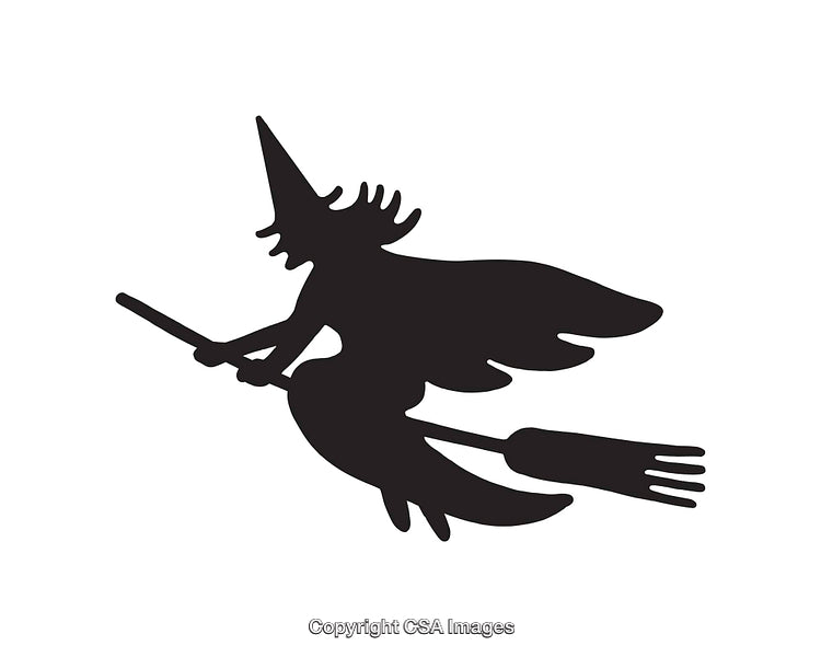 Silhouette of a Witch Flying on a Broom in Black and White