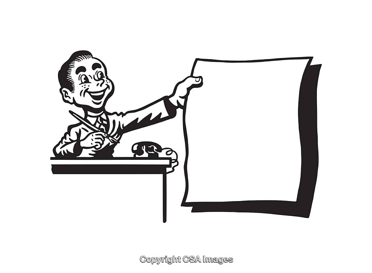 Black and White Retro Line Art of Business Person at Desk