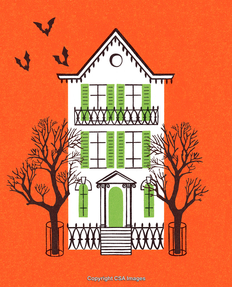 Haunted House Illustration with Bats and Spooky Orange Background