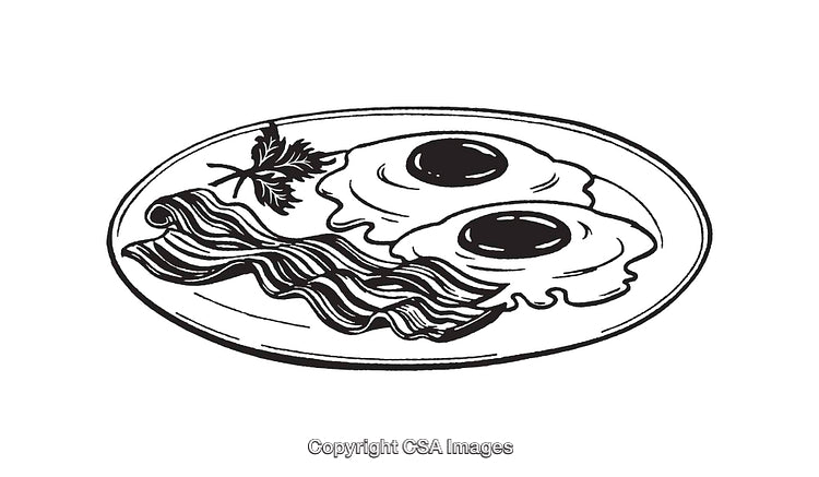 Black and White Line Art of Breakfast with Eggs and Bacon