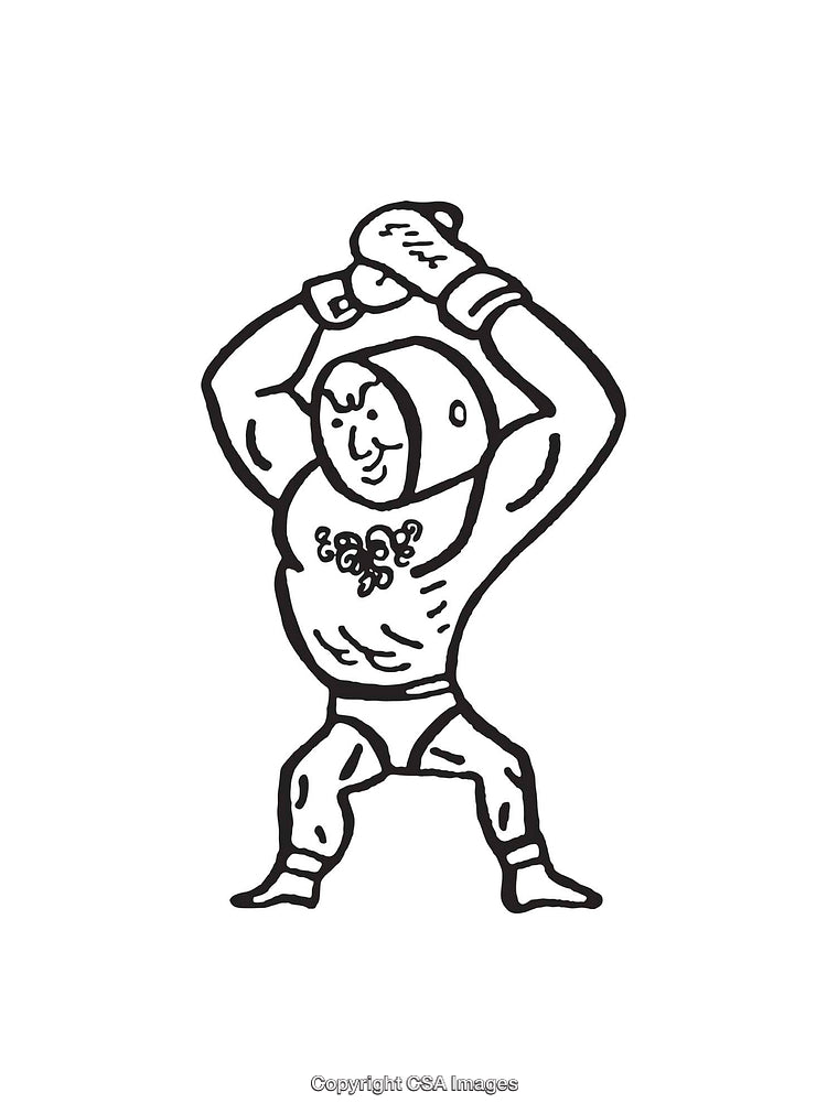 Illustration of a Happy Cartoon Wrestler in Black and White Line Art