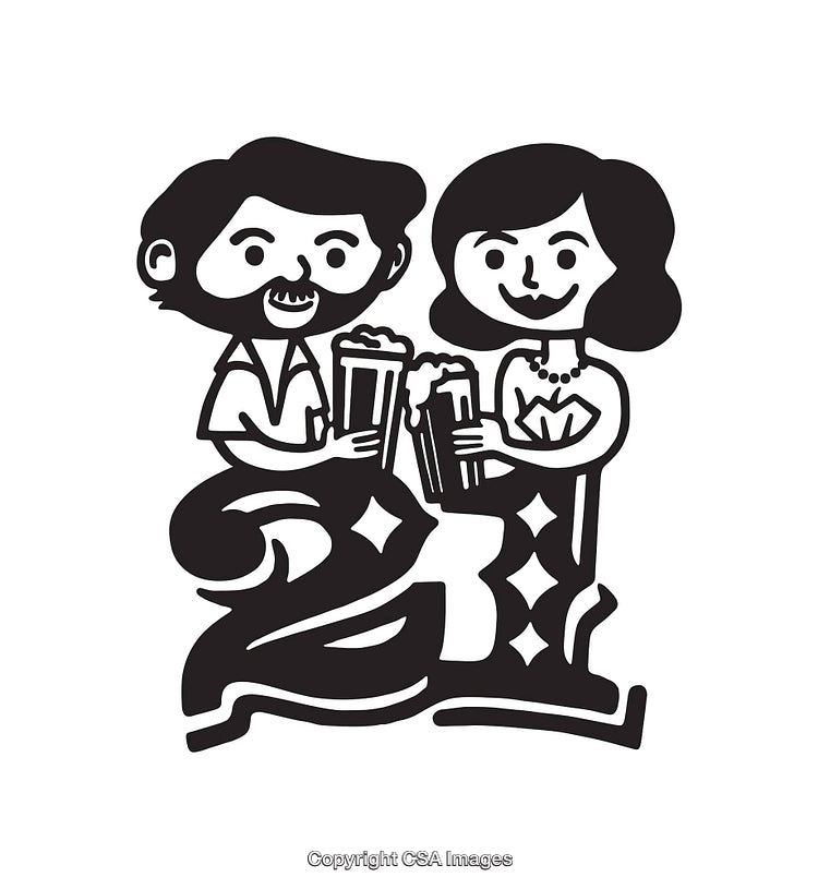 Black and White Line Art of Happy Couple Toasting With Beers