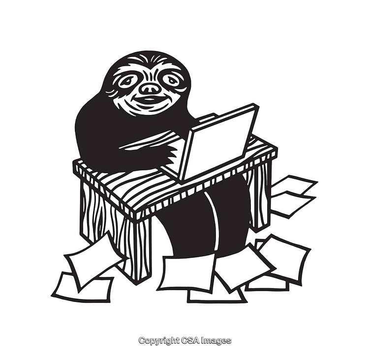 Sloth Working At Desk with Laptop in Black and White Line Art