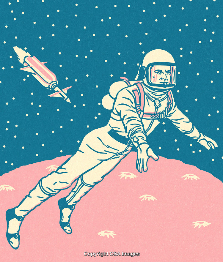 Retro Style Artwork of an Astronaut Exploring Space with a Rocket
