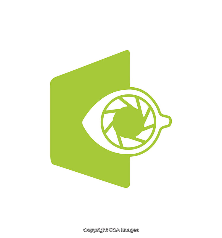 Green Icon Depicting an Eye and Camera Iris in Minimal Style