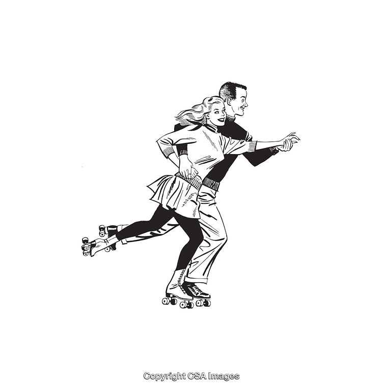 Retro Couple Roller Skating Together in Black and White Line Art Illustration