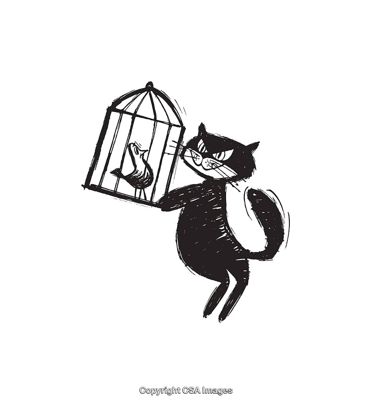Cat Holding a Detailed Birdcage in Line Art Illustration