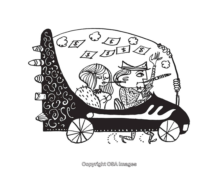 Cartoon Illustration of a Couple Driving a Fancy Car in Black and White