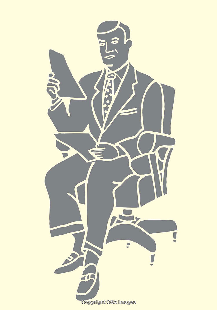 Stylized Illustration of a Professional Man Reading Documents on a Chair