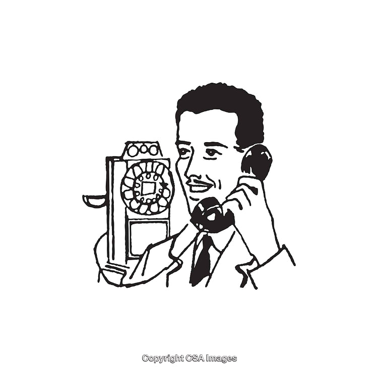 Vintage Line Art of Man Using Rotary Dial Telephone