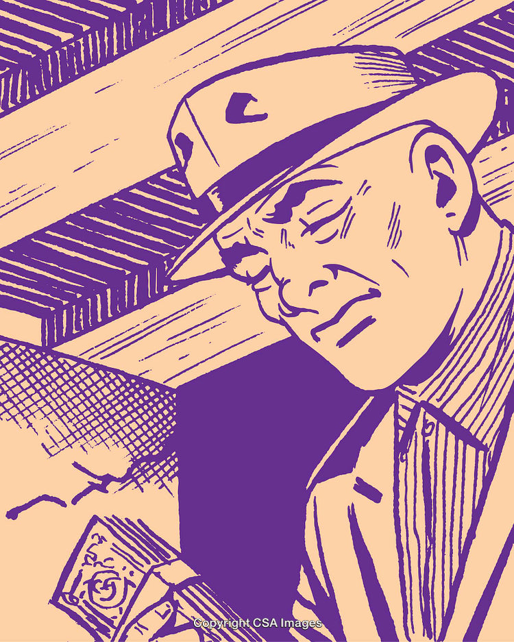 Retro Styled Illustration of a Contemplating Individual in Hat Holding Banknotes