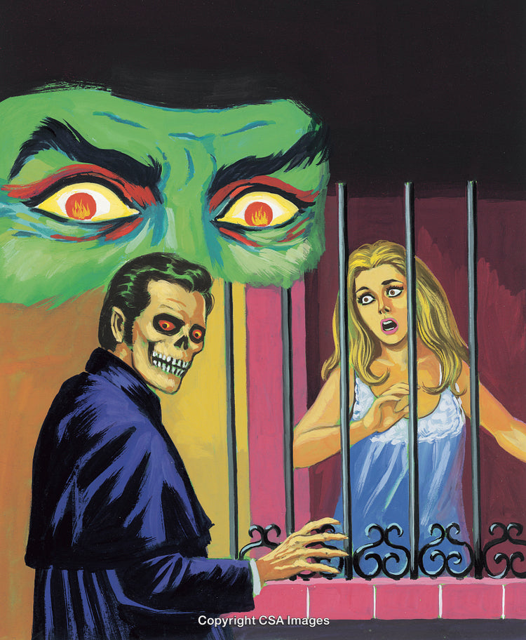 Retro Horror Scene with Skeleton Man and Frightened Woman Behind Bars