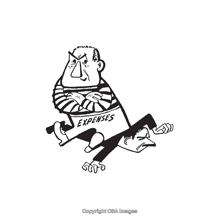 Black and White Line Art Depicting Expenses as a Malevolent Force
