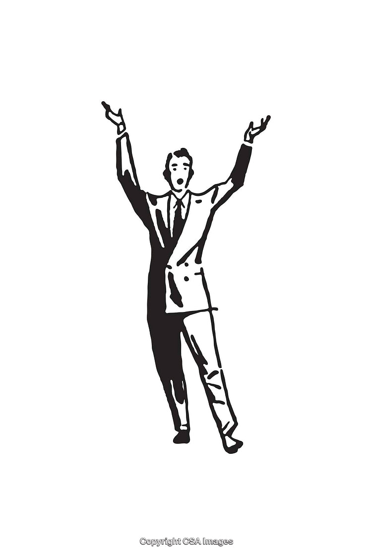 Monochrome Line Drawing of a Businessman Raising Both Hands