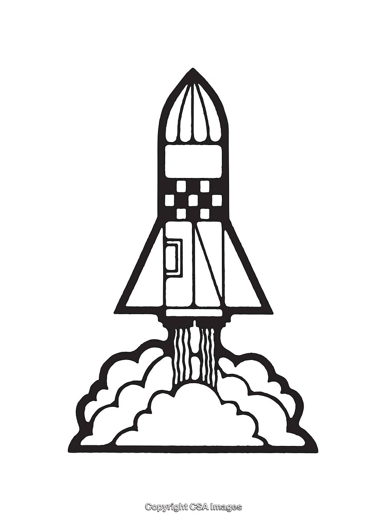 Black and White Line Art Illustration of a Flying Rocket Launch