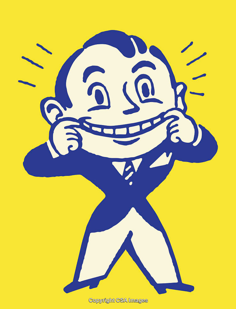 Whimsical Cartoon Character Smiling Widely on a Bright Yellow Background