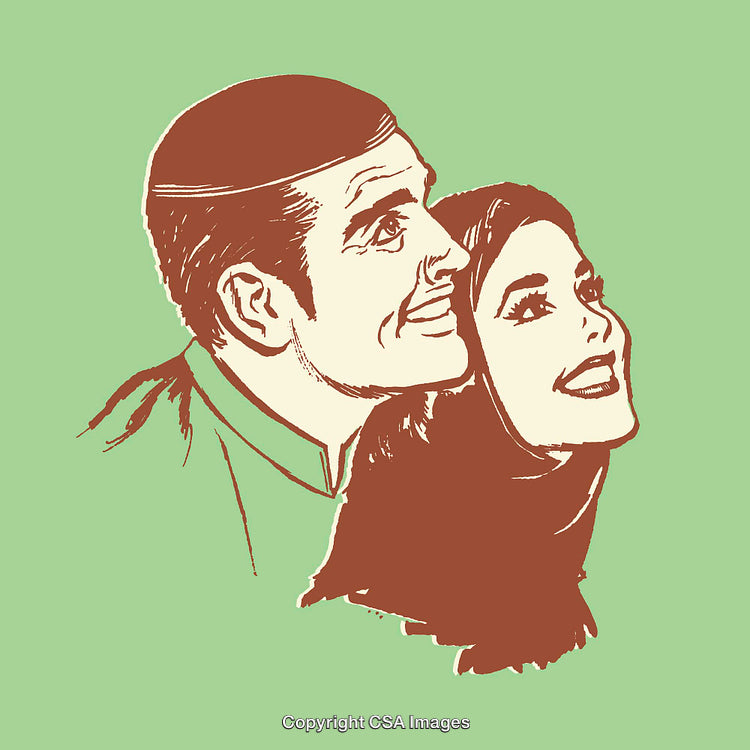 Vintage Style Line Art Illustration of a Happy Couple in Profile View