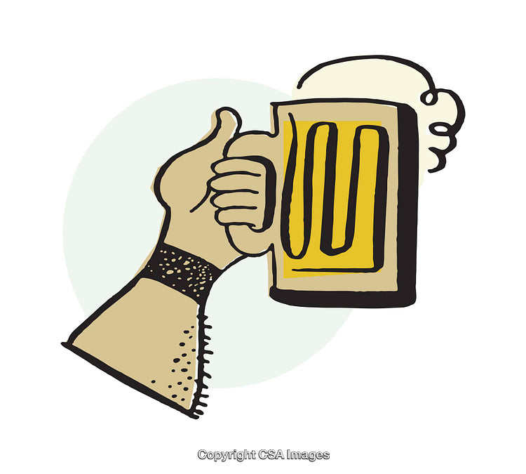 Hand Holding a Frothy Beer Mug in Colorful Illustration Style