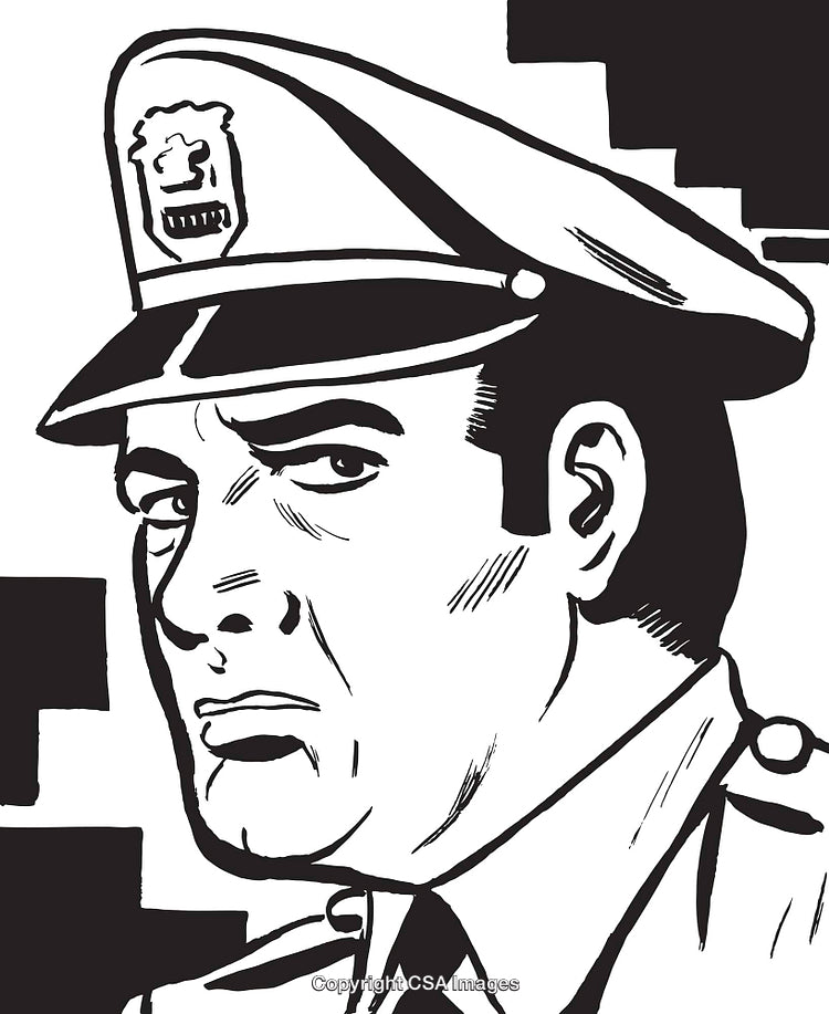 Black and White Illustration of Stern Police Officer in Uniform
