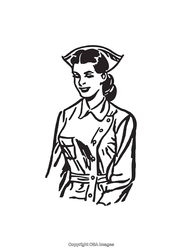 Retro Line Art Illustration of a Smiling Nurse in Uniform