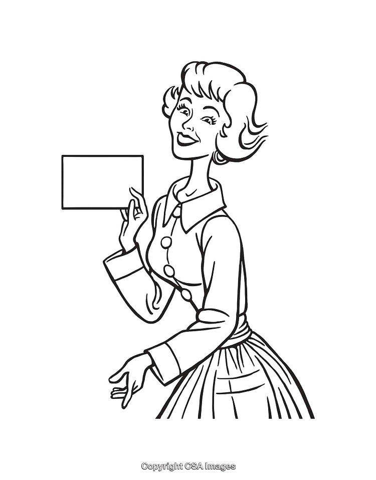 Vintage Line Art of Woman Holding Blank Sign Smiling in Black and White
