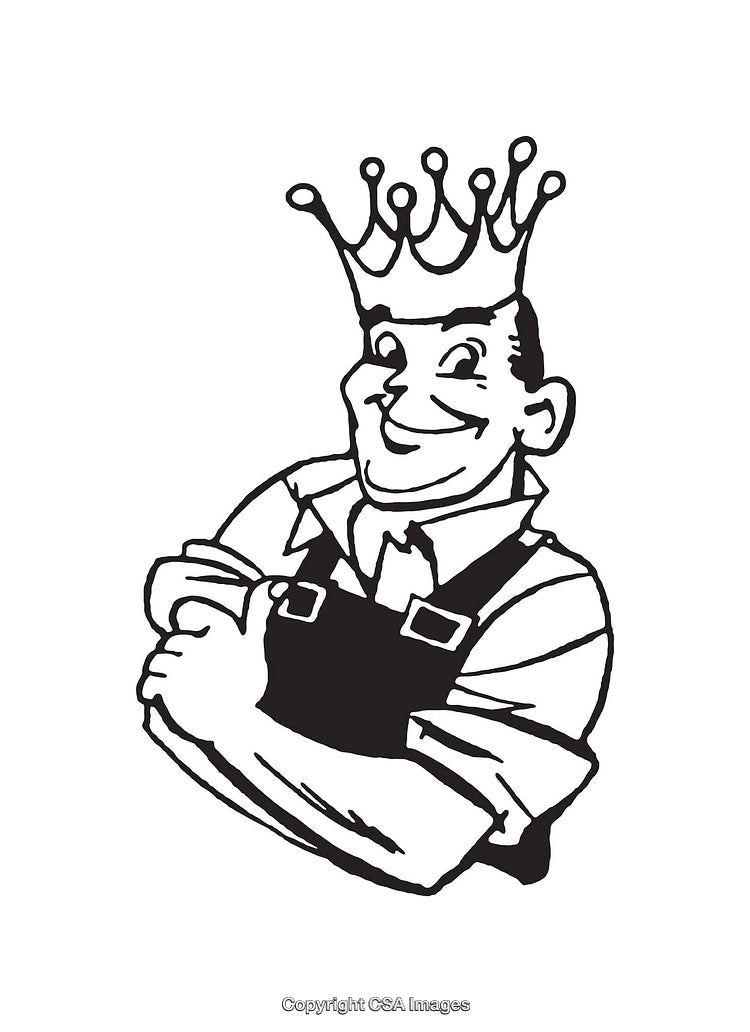 Black and White Line Art Drawing of a Crowned Person in Overalls
